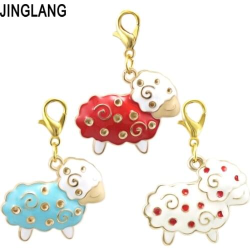 JINGLANG Gold Color Animal Charms With Lobster Clasp Dangle White Enamel Sheep DIY Charms For Jewelry Making Accessories