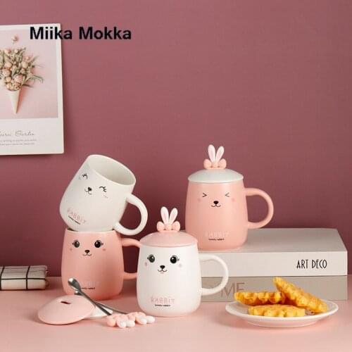 Kawaii 3D Cartoon Rabbit Ceramic Mug Coffee Mug with Lid and Bow Spoon Porcelain Drinking Cup Coffee Cup Milk Tea Cup