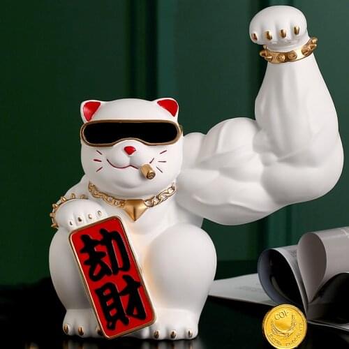 Creative Resin Animal Lucky Cat Ornaments Vigorously Muscle Giant Arm Cat Ornaments Crafts Home Decoration Gifts for Boyfriend