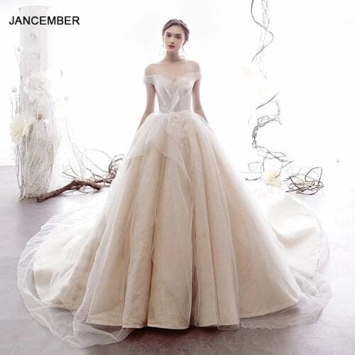 LDR19 Ivory Bar White Off-shoulder Wedding Dress Bridal Wedding 2021 New Transparent Lace Frill Flowers Print Vestidos De Boda