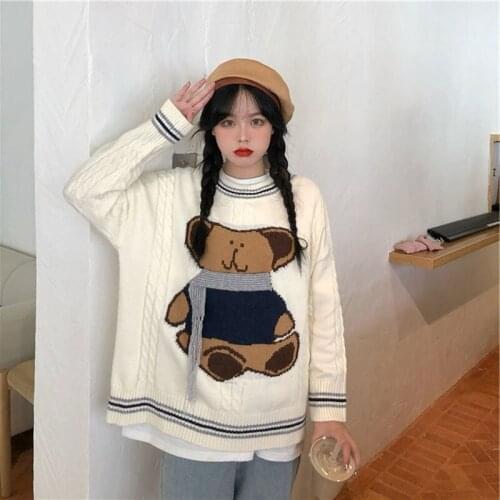 Cute Tops Women Bear Print Lazy Wind Pullovers Women 2021 Autumn Loose Knitwear Preppy Style Kawaii Sweaters Female LD2279