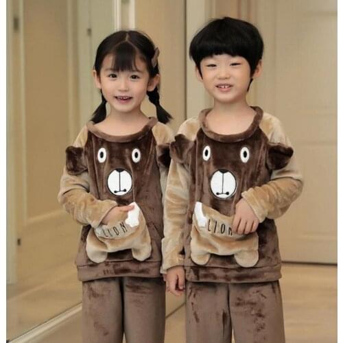 Underwear Unisex Kids Winter Flannel Pajama Sets Girl long sleeve Sleepwear Suit Children Boy Warm Thick Fleece Cartoon Pyjamas