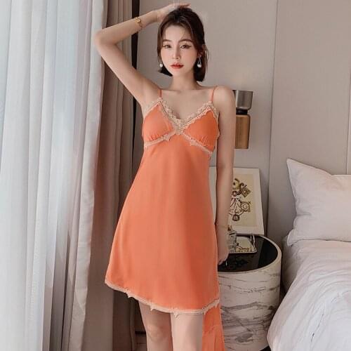 Women Sweet Lace Spaghetti Strap Nightdress Orange Sexy V-Neck Short Nightgown Summer New Ice Silk Home Dress Chest Sleepwear
