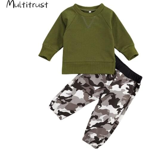 Toddler Girl Clothes Baby Boy Casual Cotton Suit Solid Color Round Neck Long Sleeve Pullover+ Camouflage Print Loose Trousers