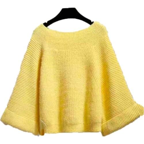 PERHAPS U Women Solid Knitted Pullovers Mohair Slash Neck Long Sleeve Yellow Loose Batwing Sleeve Winter M0131