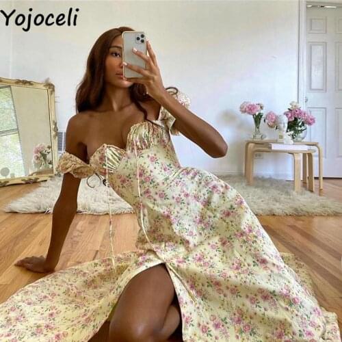 Yojoceli sexy square collar length dress women Summer elegant dress Mini print bandage puff sleeve strapless female vestidos