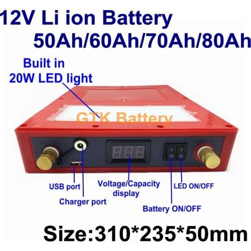 Portable 12V 50Ah/60Ah/70Ah/80Ah Li ion Battery Pack with LED 5v USB for solar light outdoor camping storage battery+5A charger