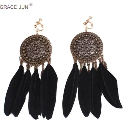 8 Colors Available Big Round Shape Feather Clip on Earrings Without Pierced for Women Fashion Statement Ethic Pierced Earrings