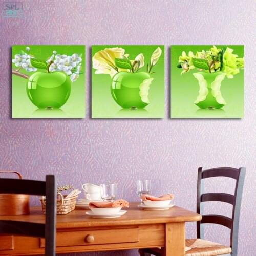 SPLSPL Modern Home Decor Flower Picture Green Apple Fruit Wall Art Canvas Print Poster Painting Food Mural for Kitchen Room