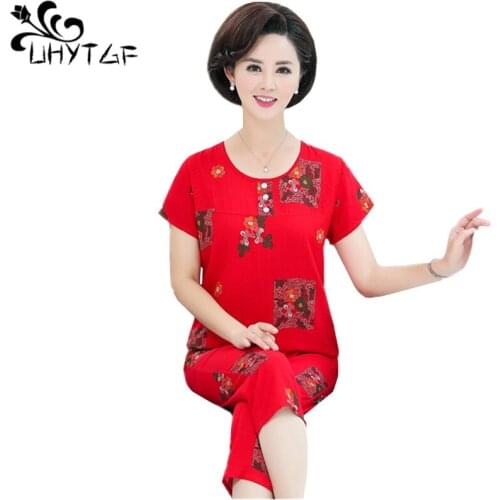 UHYTGF Women Pajamas Printed Cotton Silk Summer Two-Piece Set Middle-Aged Elderly Female Home Wear Thin Plus Size Sleepwear 1678