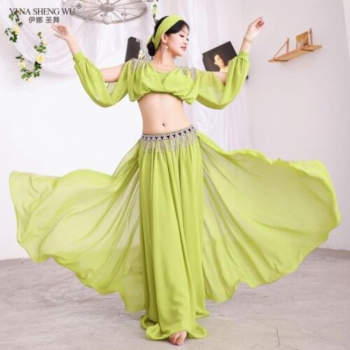 New Women Belly Dance Practice Clothing Set Fitness Trousers Long Skirt+Sexy Collar Top Dance Suit Eastern Performance Clothing