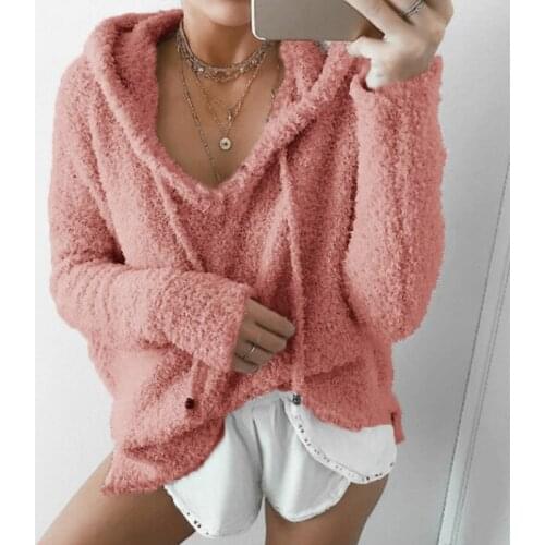2019 Autumn Top Women Casual Mohair Hooded Pullovers V Neck Fleece Sweater Fashion Sweet Loose Warm Winter Mohair Tops Pullover