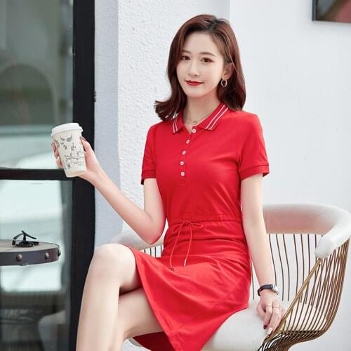 Casual Cotton Stretch Drawstring Shirt Dress Women 2021 Summer Short Sleeve Polo Neck Fashion Straight Dress Mini Dress Femme