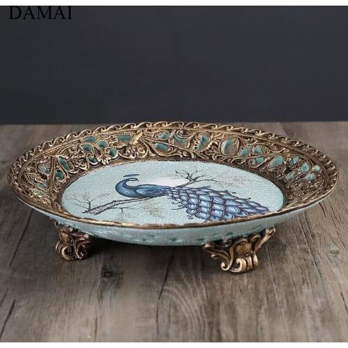 American Vintage Painted Plates Large Resin Peacock Decorative Fruit Snack Storage Display Tray Living Room Decoration Ornaments