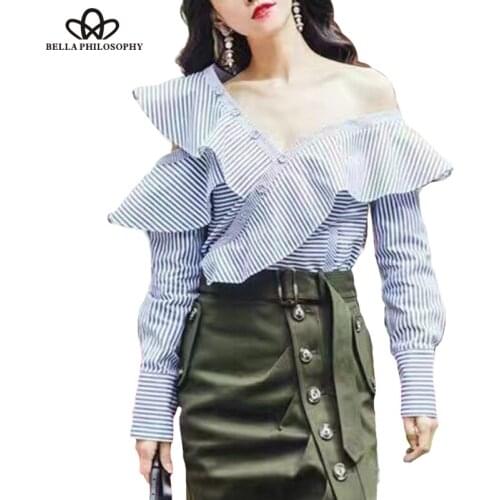 Bella Philosophy 2018 spring summer irregular off shoulder ruffles long sleeve striped women blouse shirt blue white