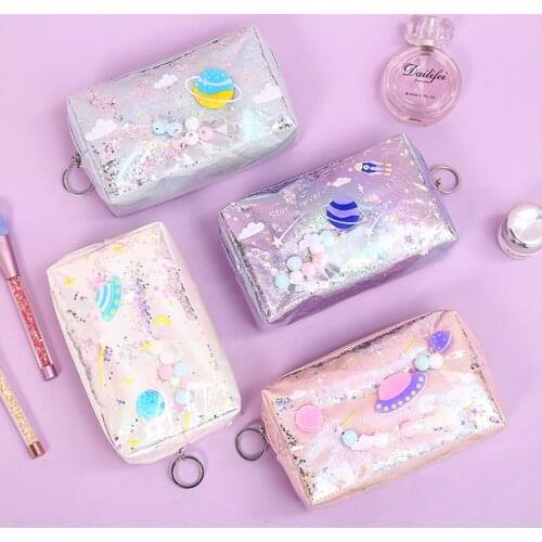 Lovely Large Quicksand Planet Pencil Case Leather Pen Box Makeup Bag Girls Gift, Practical and Fashionable School Supplies