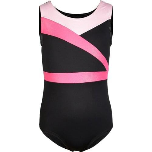 Kids Girls Shiny Gymnastics Ballet Dance Leotards Sleeveless Black Pink Spliced Design Stretch Sport Gym Costume