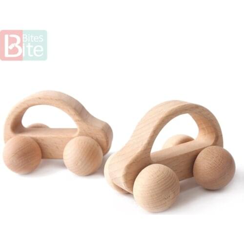 Baby Wooden Teether 1PC PVC Free Cartoon Car Stroller Animal Wheel Gym Toy 4-6 Months Beech Food Grade Baby Goods