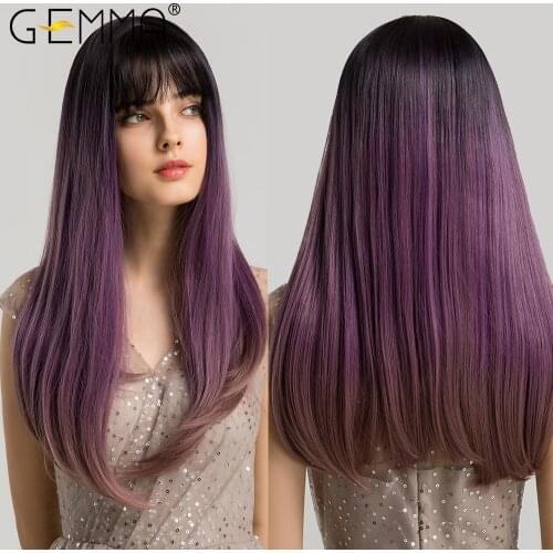 GEMMA Long Straight Ombre Black Purple Synthetic Wigs with Bangs for Women Girls Cosplay Party Lolita Hair Wigs Heat Resistant