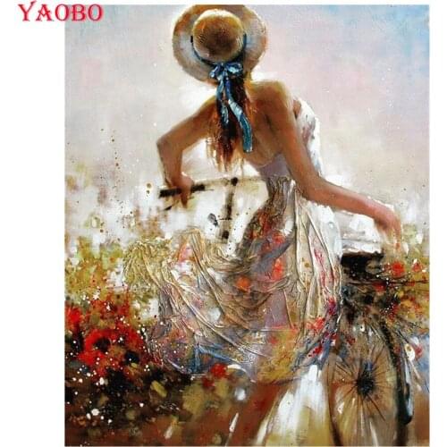 Full Square & round Diamond 5D DIY Diamond Painting Woman bicycle 3D Embroidery Cross Stitch Mosaic Abstract Painting Decor