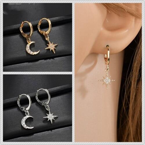 Classic Metal Hoop Star Moon Rhinestone Inlaid Asymmetric Drop Earrings Korean Elegant Pendent Earrings for Women Ear Jewelry