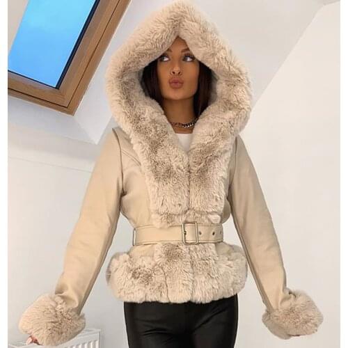 Winter PU Leather Hooded Jackets Women Fashion Ruffled Hem Coats Bandage Elegant Solid Faux Fur Warm Jackets Female Overcaot New