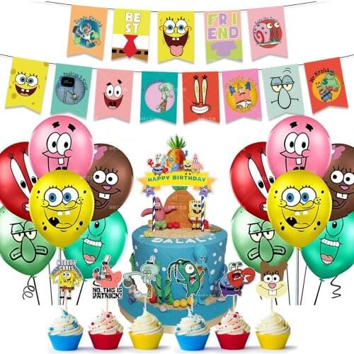 1set Sponge Party Supplies Boy Or Girl Bob Latex Balloons Happy Birthday Banner Cartoon Theme Decoration Cake Topper Kids Ballon