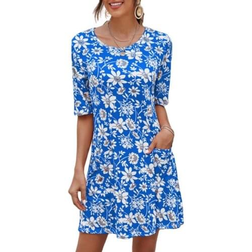 Summer Dress Women Mid Waist O-neck Short Sleeve Printing Pocket Elegant A-line Dresses Casual Plus Size Streetwear Dress Ladies