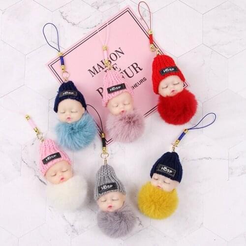 Fur Ball Pompom Sleeping Baby Key Chain Car Keyring Holder Moblie Phone Bag Pendant Charm Keychain Knitted Hat Beanie Toys D305