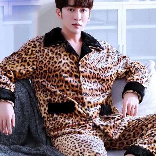 Coral Fleece Male Pajamas Set Polyester Full Trousers Men 2pcs/set Warm Thicken Flannel Autumn Winter Man Home Clothes Plus Size