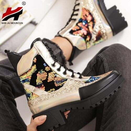 NAN JIU MOUNTAIN 2020 Women Boots Autumn Martin Boots Outdoor Shoes Mid Heel Fashion Sequin Lace Up Comfortable Plus Size 41