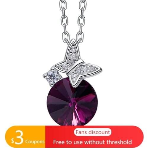 AGATA Butterfly Necklace 100% 925 Sterling Silver Necklaces Round Purple Big Crystal Clear Stone Necklace for Women Jewelry