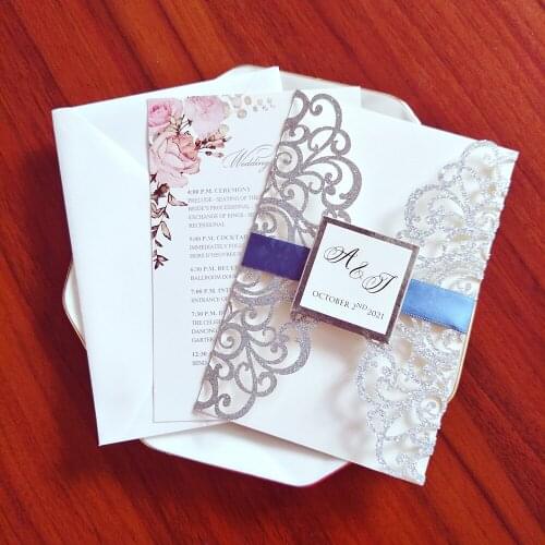 50X Silver Wedding Invitation Cards With Personalized Printing And Tag Ribbon DIY Gold Champagne Invites For Bridal Shower Party