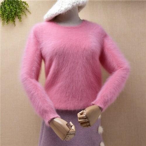 Ladies women sweet pink hairy fuzzy angora rabbit fur knitted slim bottoming blouses pullover mink cashmere jumper sweater pull