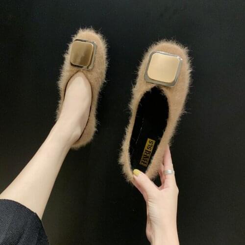 Luxury Womens Flat Shoes Cover Heel Shallow Fluffy Plush Women Flats Shoes Slip On Flat Shoes Ballet Flats Ladies Shoes W38-69