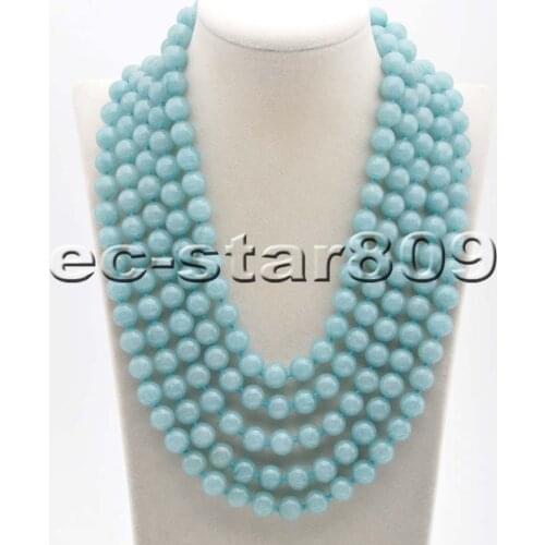 S2222 Long 100" 10mm Wathet Aquamarine Jade Bead Necklace