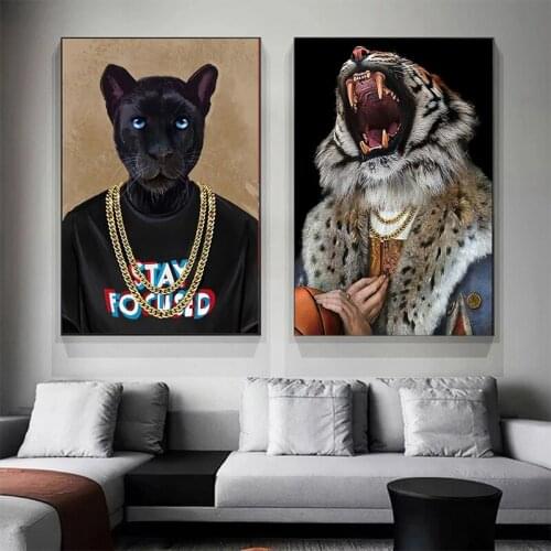 Dog And Tiger With Big Golden Chain Canvas Painting Posters And Prints Wall Art Modern Living Room Decoration Picture Home Decor