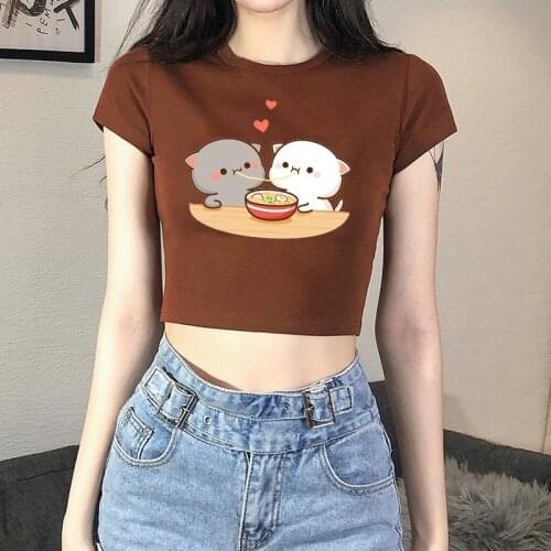 2021 New Korean Style Women 90s Ins Short Sleeve T-shirt Summer Brown Crop Tops Kawaii Funny Cat Print Harajuku Streetwear Tee