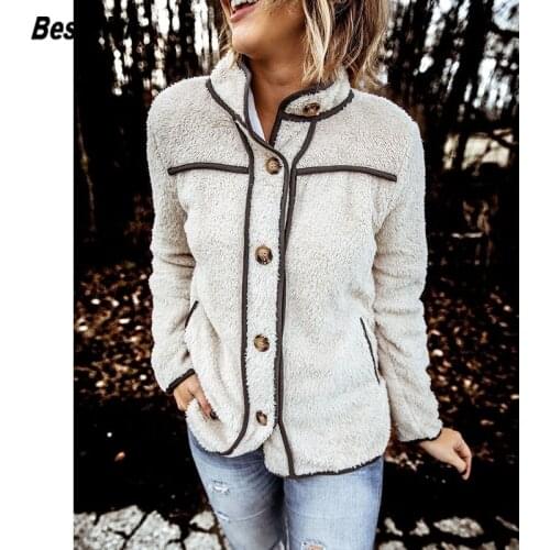 Womens Autumn Winter Jacket 2020 Casual Loop-pile Stand Collar Patchwork Button Womens Warm Coat