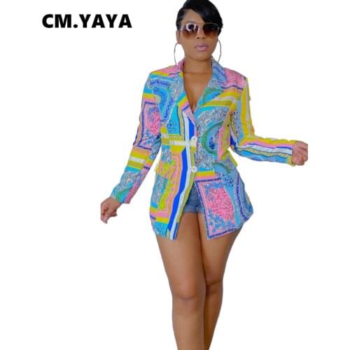 CM.YAYA Women Blazers Print Full Sleeve Notched Collar Single Breasted Slim Blazers Tops Office Lady Fashion Clothing Summer