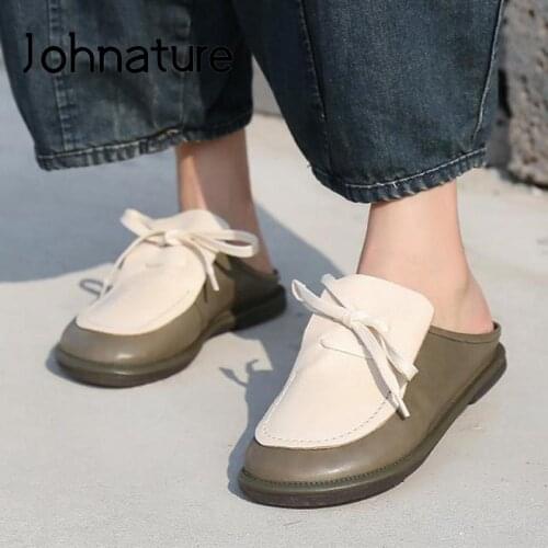 Johnature Summer Slippers Women Shoes 2021 New Genuine Leather Outside Slides Flat With Leisure Sewing Handmade Ladies Slippers