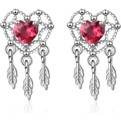 KOFSAC Fashion 925 Silver Stud Earrings For Women Party Charm Red Crystal Dream Love Heart Earring Valentines Day Jewelry Gifts