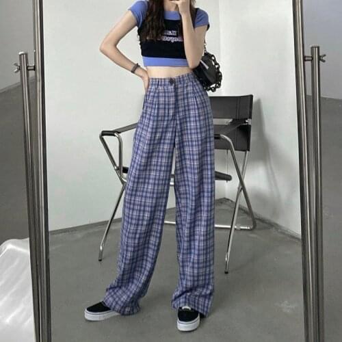 Bella Philosophy plaid vintage wide leg pants trousers female casual high waist korean style Straight Streetwear pants bottoms