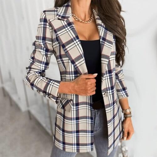 Women Autumn And Winter Tailored Coat Fashion Street Casual Long Sleeve Plaid Suit Coat Manteau Femme Traf Blazer