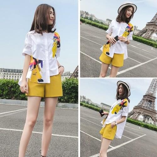 Summer Short Two Piece Set Women Hidden Breasted Loose Shirt Top + Yellow Wide Leg Mini Pants Female Work Wear Fashion Suits