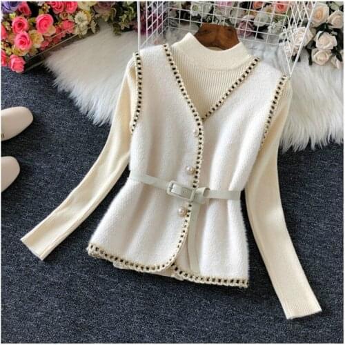 2021 Spring Korean Fashion Slim Woolen Vest Women Elegant With Belt Sleeveless Outerwear Singlebreasted Casual Coat Vest Factory