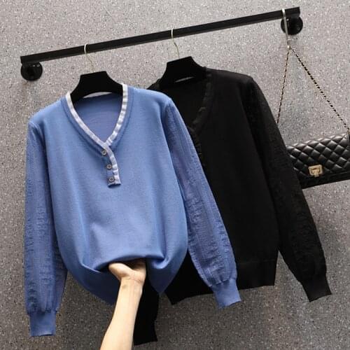 M-4XL plus size women sexy lace kintting autumn sweaters 2021 long sleeve v neck button loose Oversized Office kint pullover