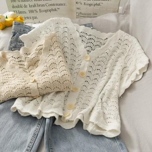 Pearl Diary Women Summer Crochet Top V Neck Buttons Front Short Sleeve Casual Crochet Cardigan French Style Elegant Cotton Top