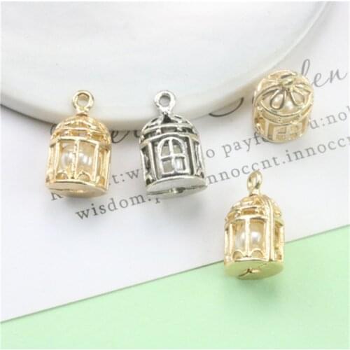 Julie Wang 10PCS Small Alloy Birdcage Charms With Man-made Pearl Golden Silver Color Pendant Bracelet Jewelry Making Accessory