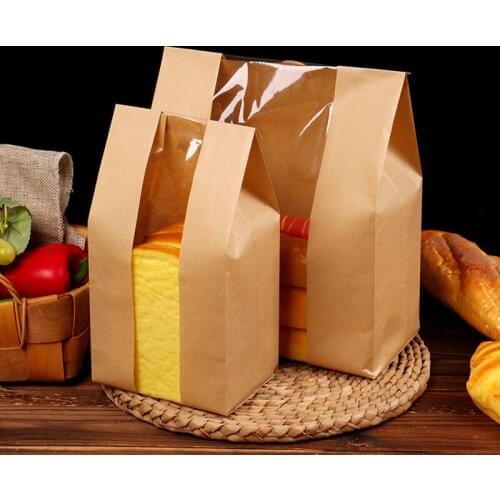 5pcs Paper Bread Loaf Bag Kraft Food Packaging Storage Bakery Tea Bag with Front Window for Party Wedding Sandwich Candies